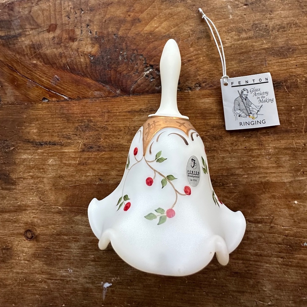 Vintage Fenton Christmas Bell Twin Berries White Gold Hand Painted Signed